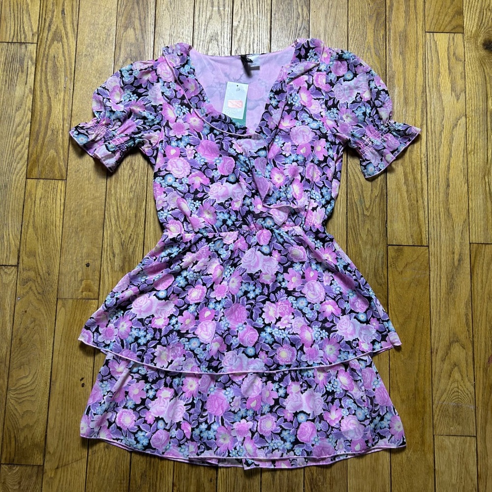 New H&M Divided Floral Ruffle Mini Dress Purple Pink Tiered Puff Sleeve S